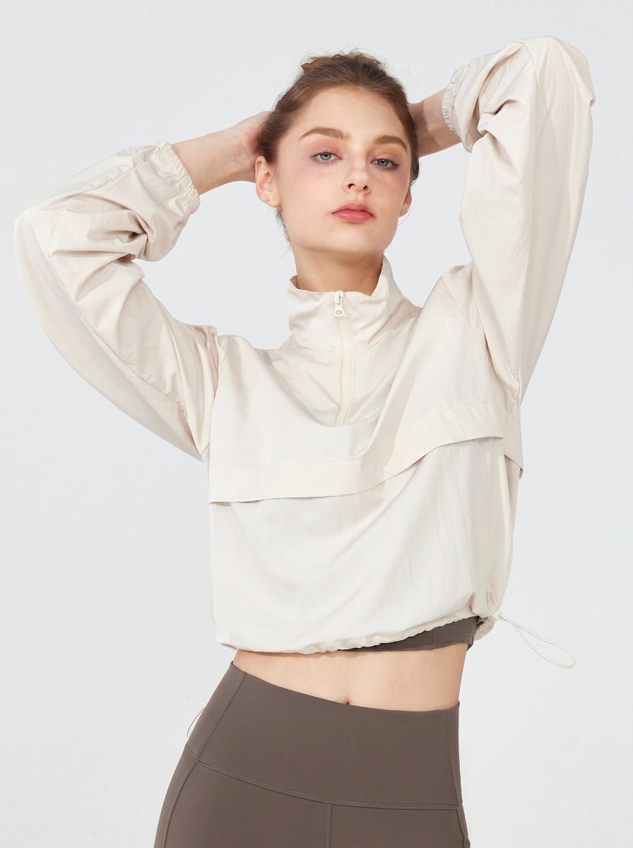 #Beige Windproof Track Pullover