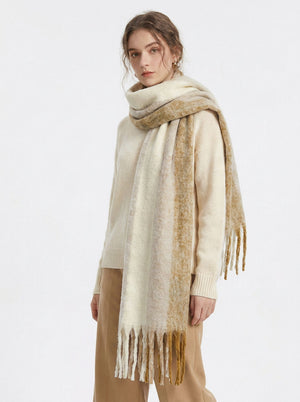 #Beige Women Soft Color Block  Fringe Scarf