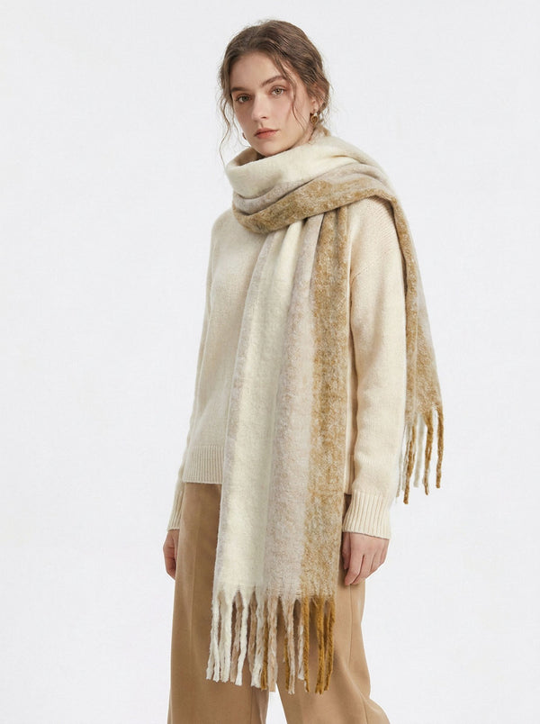 #Beige Women Soft Color Block  Fringe Scarf