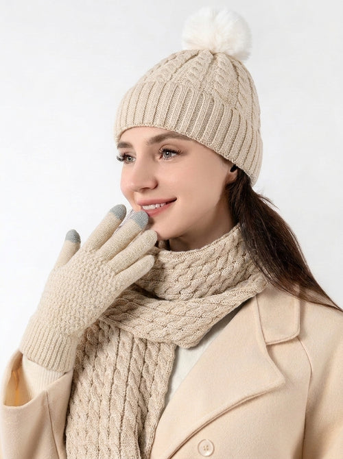 #Beige Women Twisted Cable Pattern Knit Hat Scarf Gloves Set