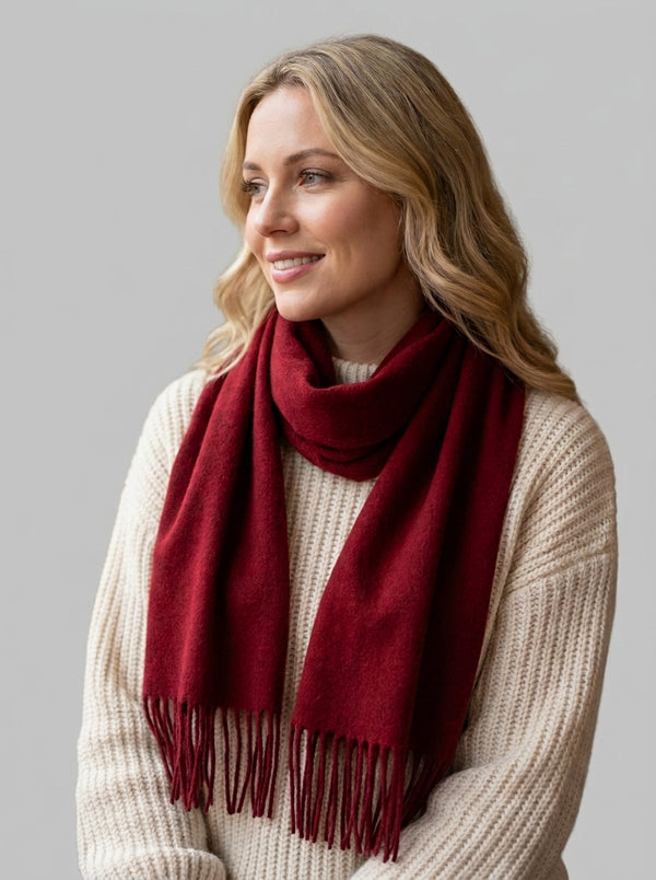 #BerryRed Pure Wool Solid Tassel Scarf