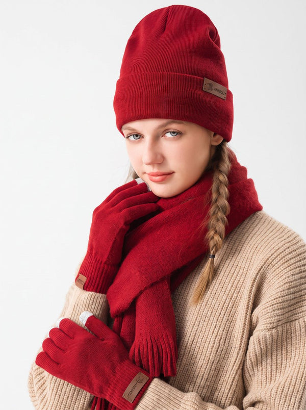 #BerryRed  Women Soft Knitted Hat Scarf Glove Set