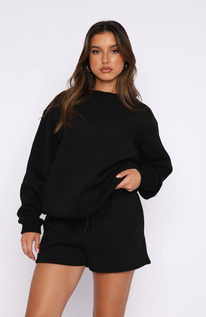 #Black Crewneck Sweatshirt Shorts Set