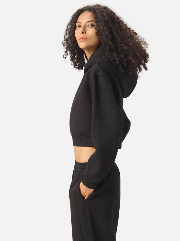 #Black Cropped Boxy Heavyweight Hoodie of side view
