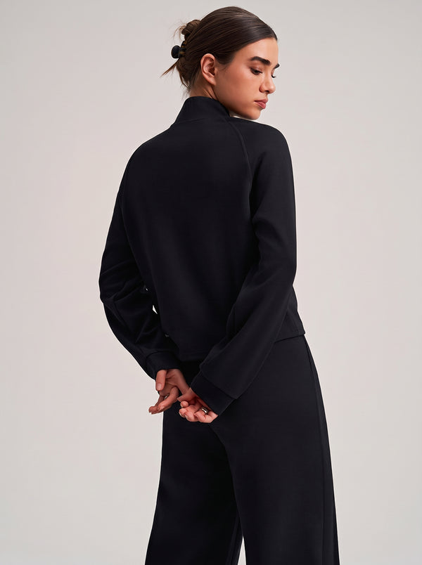 #Black Cropped Stand Collar Athletic Jacket of back view