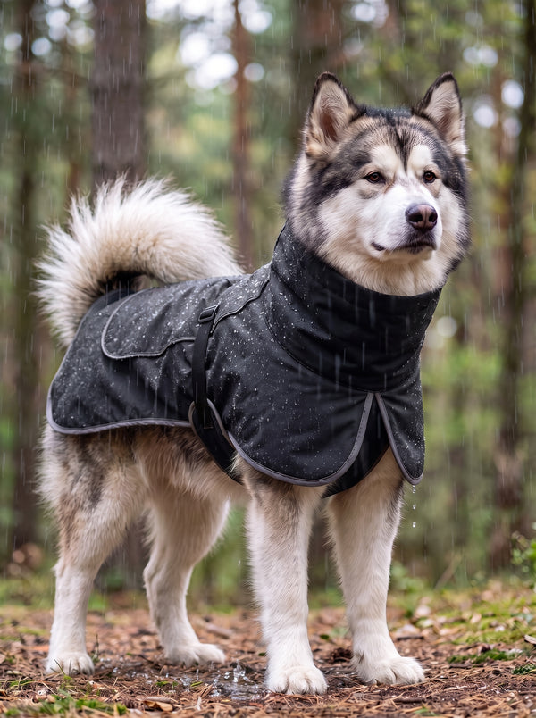 Alaskan Malamute in #black waterproof dog jacket with water beads on fabric, rainy forest scene, showing waterproof performance