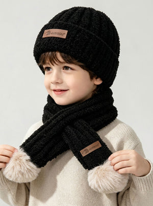 #Black Kid Fuzzy Plush Knitted Hat Scarf Winter Set
