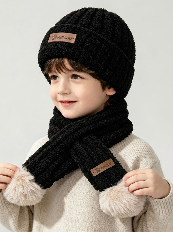 #Black Kid Fuzzy Plush Knitted Hat Scarf Winter Set