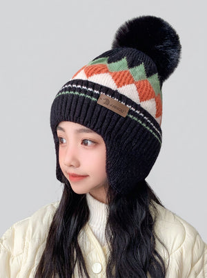 #Black Kids Argyle Knit Earflap Beanie Hat