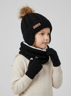 #Black Kids Ear Flap Plush Pom Knit  Hat Scarf Gloves Set