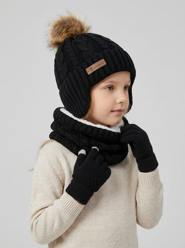 #Black Kids Ear Flap Plush Pom Knit  Hat Scarf Gloves Set