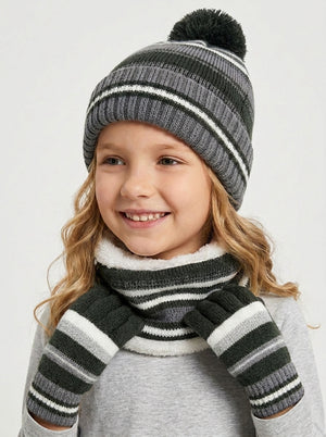 #Black Kids Stripe Plush Pom Knit Hat Scarf Gloves Set