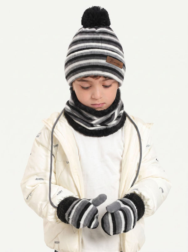 #Black  Kids Striped Knit Hat Scarf Mittens  Set