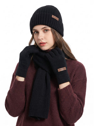 #Black Knitted Beanie Hat Scarf Gloves Set