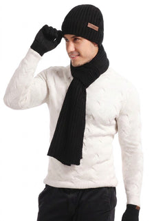 #Black Knitted Hat Scarf Gloves Set