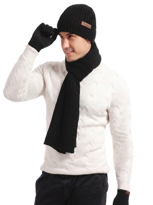 #Black Knitted Hat Scarf Gloves Set
