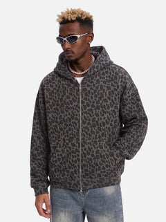 #Black Leopard Print Waffle Hooded Zip Jacket