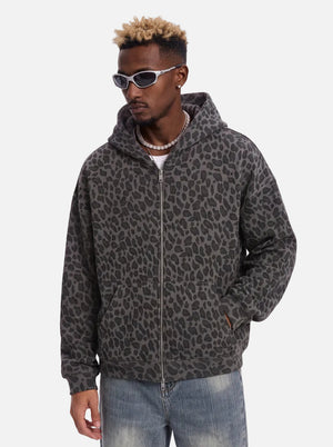 #Black Leopard Print Waffle Hooded Zip Jacket