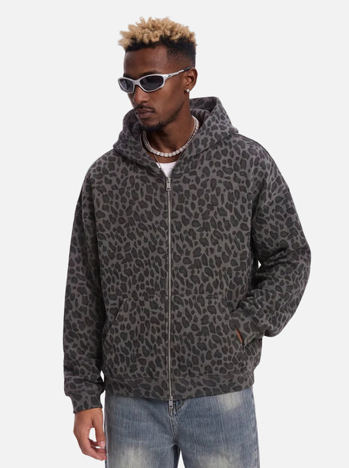 #Black Leopard Print Waffle Hooded Zip Jacket