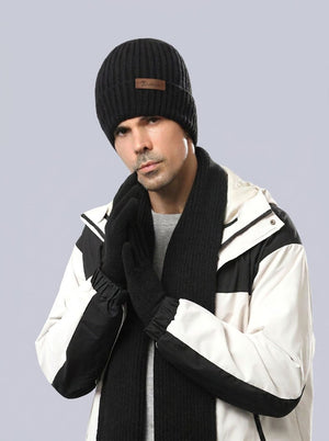 #Black Men Solid Color Knit Hat Scarf Gloves Set