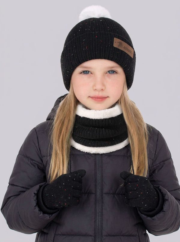 #Black Pom Pom Fleece Knit Hat Scarf Gloves Set