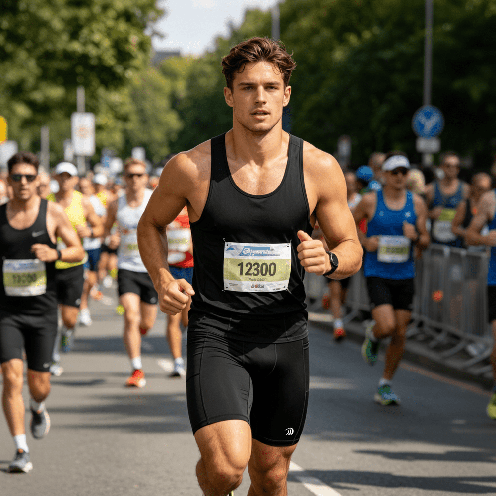 A man wearing black professional running shorts is participating in a marathon