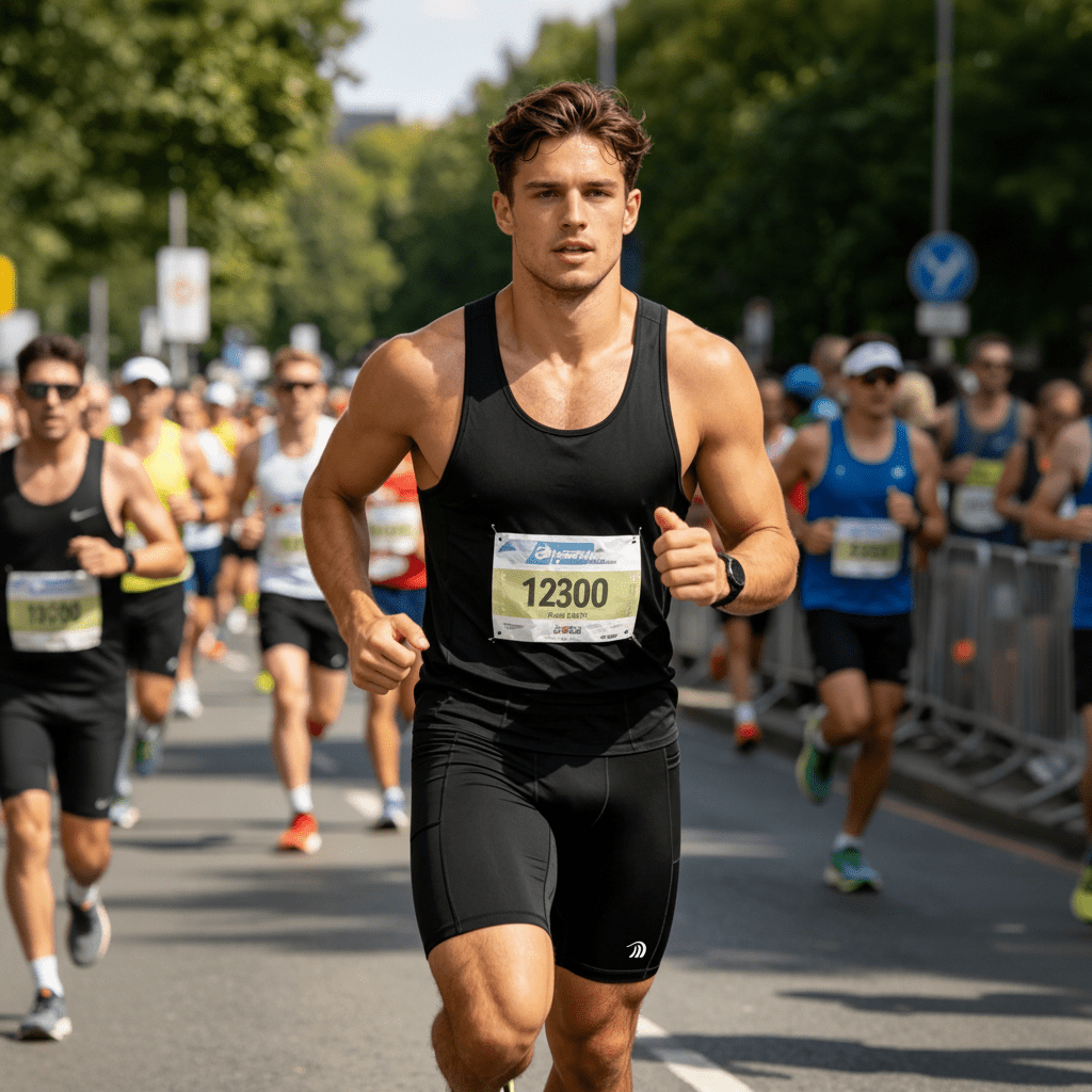 A man wearing black professional running shorts is participating in a marathon