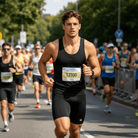 A man wearing black professional running shorts is participating in a marathon