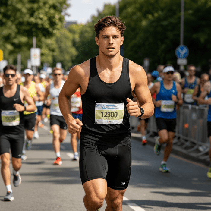 A man wearing black professional running shorts is participating in a marathon