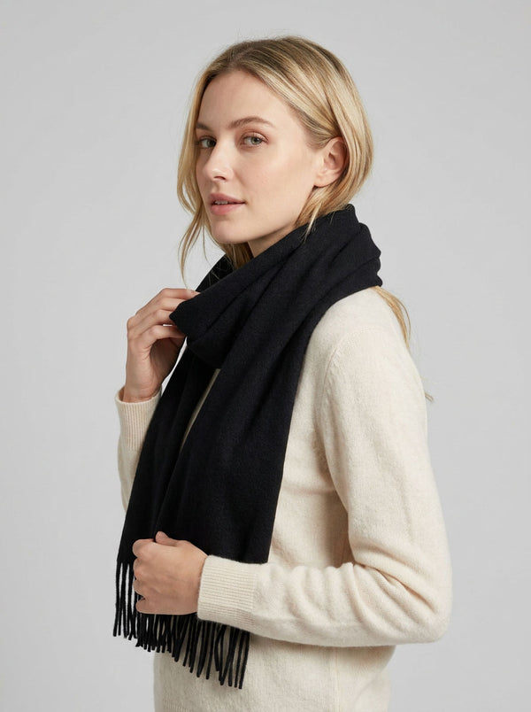#Black Pure Wool Solid Tassel Scarf