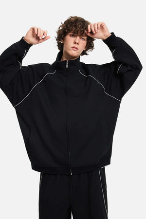 #Black Reflective Stripe Raglan Zip Up Jacket