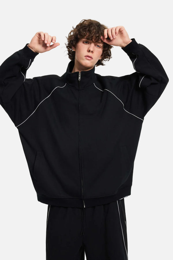 #Black Reflective Stripe Raglan Zip Up Jacket