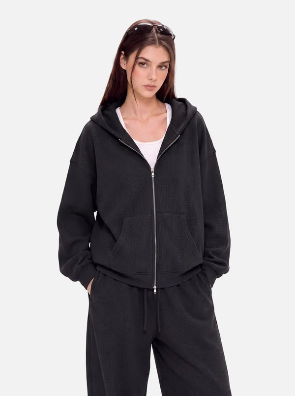 #Black Waffle Zip Up Hoodie