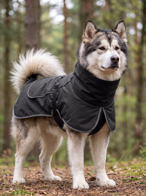Alaskan Malamute wearing #black high collar dog rain jacket with grey reflective trim, woodland outdoor scene
