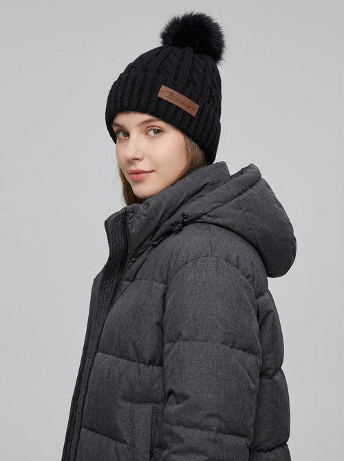#Black Women Cable Knitted Pom Beanie Hat