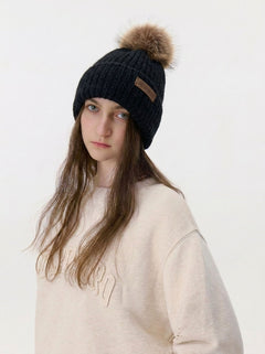 #Black Women Cashmere Blend Pom Knit Beanie Hat