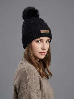 #Black Women Grid Jacquard Pom Knit Beanie Hat