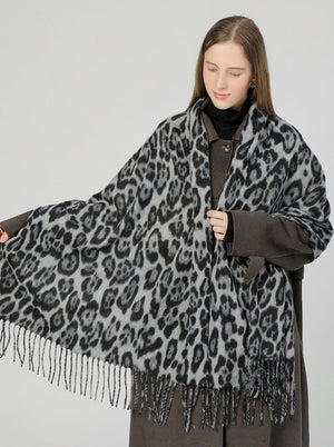 #Black Women Leopard Print Fringe Scarf
