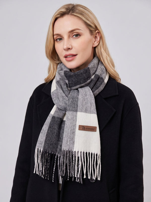 #black Women Pure Wool Tassel Checkered Scarf