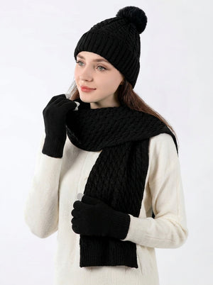 #Black Women Twisted Cable Pattern Knit Hat Scarf Gloves Set