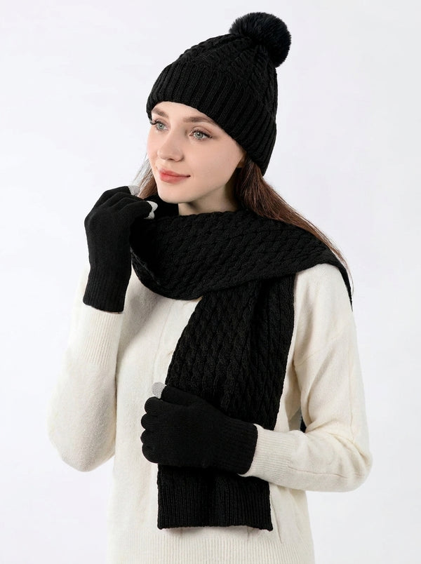#Black Women Twisted Cable Pattern Knit Hat Scarf Gloves Set