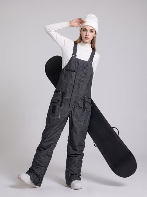 #Black Womens Denim Ski Bib Pants