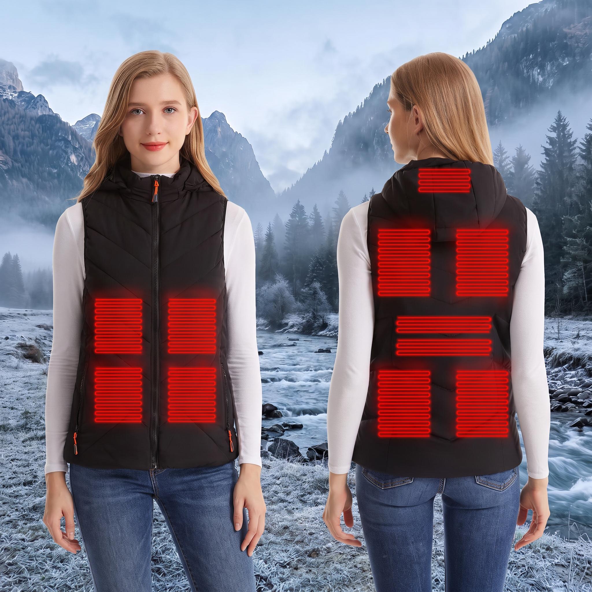 Dual‑view display of women’s black hooded heated gilet, red heating zones marked on front and back against frosty mountain‑river winter landscape.