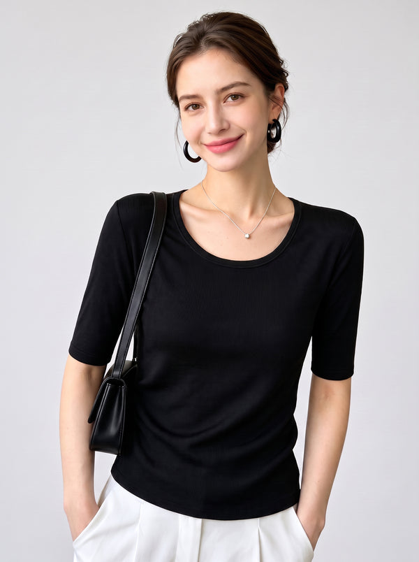 #Black Wool Blend Mid Sleeve Base Layer Top