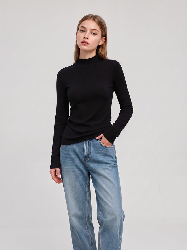 #Black Wool Blend Thermal Mock Neck Shirt
