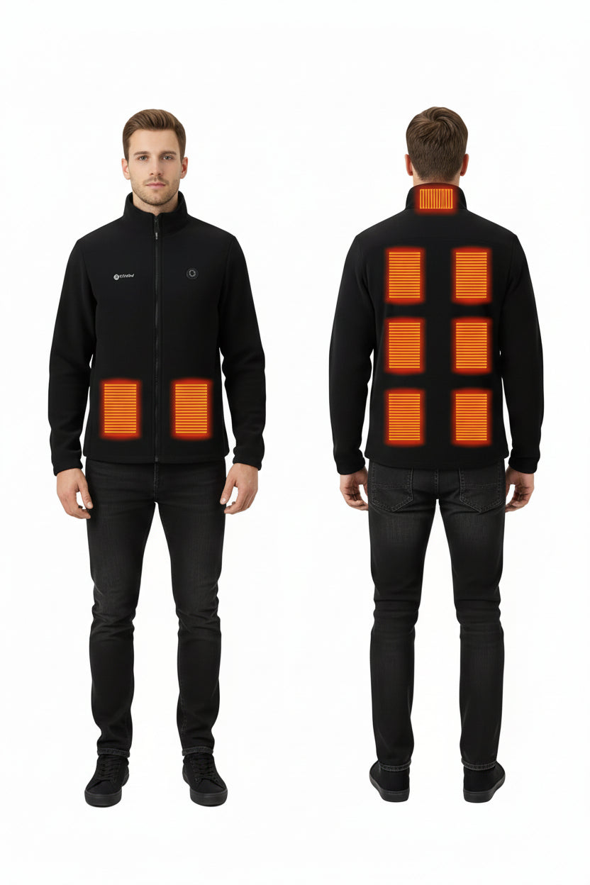Black heated jacket with visible heating elements