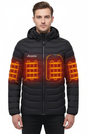 Black heated puffer jacket heat zones