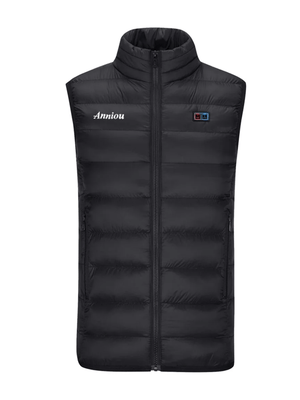 Black heated puffer vest with 'Anniou' branding on a white background