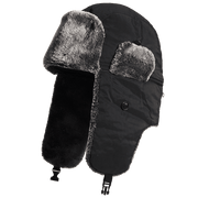 Black heated trapper hat with grey ear flap