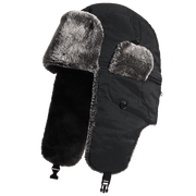 Black heated trapper hat with grey ear flap